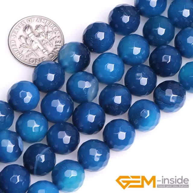 Natural Dark Blue Agate Gemstone Faceted Round Loose Spacer Beads Strand 15" YB