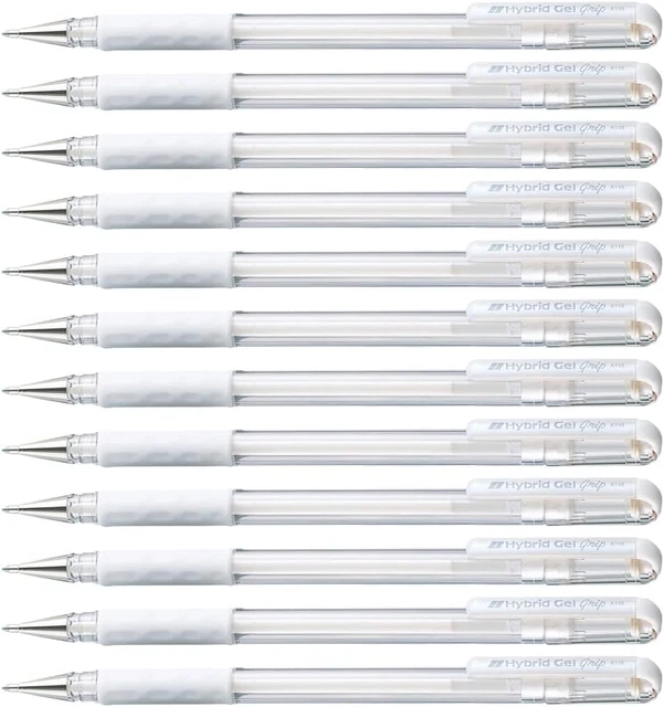 0.8 MM TIP Hybrid Pastel Ink Gel Grip Pen - White (Pack of 12 Pens ...