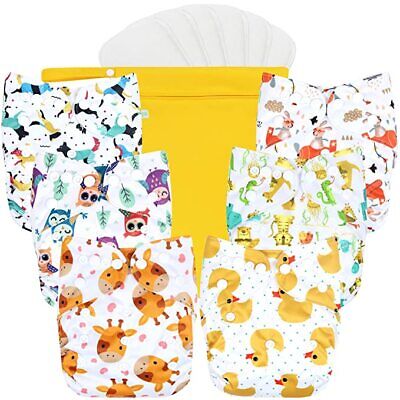 Washable Reusable Baby Cloth Pocket Diapers 6 Pack + 6 Bamboo Inserts, 1 Wet Bag