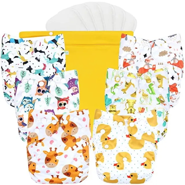 Washable Reusable Baby Cloth Pocket Diapers 6 Pack + 6 Bamboo Inserts, 1 Wet Bag