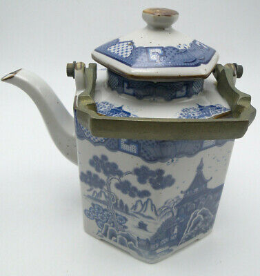 Old Japanese Porcelain Tea Pot Flow Blue on White Oriental Scene