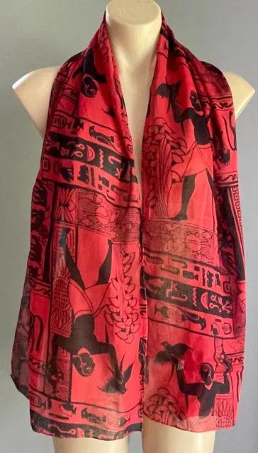 SCARF Ladies Egyptian Neck Burgundy & Black Hieroglyphics Print Cotton Rectangle