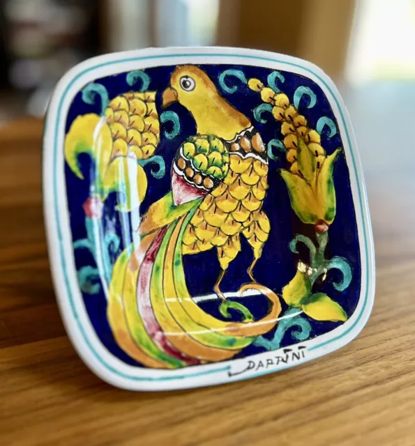 DERUTA Italian Pottery Signed PARRINI Small Blue & Yellow Dish w/Beautiful Bird