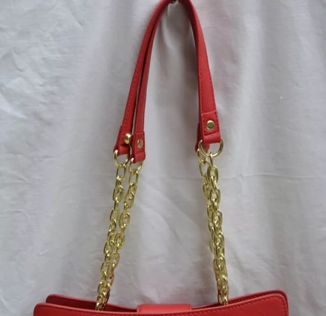 IVANKA TRUMP AUTH Women's Red Leather Bucket Gold Chain Handles Tote Handbag 3