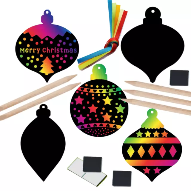 Christmas BAUBLE Scratch Art Fridge Magnets Ribbons Kids Craft Party Bag Filler