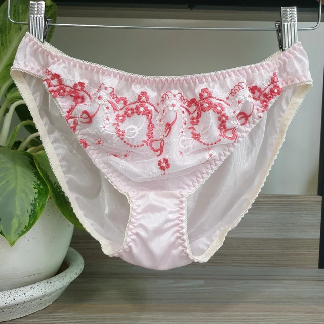 VINTAGE SILKY NYLON Panties Pink Bikini Red Floral Lace Brief Size 8