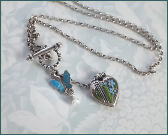 Vintage Sterling Silver Puffy Heart & Danish MEKA Enamel Butterfly Necklace