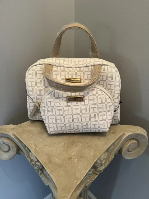 NWT Tommy Hilfiger Beige White Purse Clutch Satchel with Makeup Bag - Retail $68