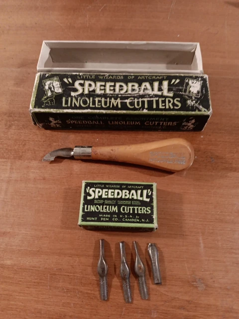 HERRAMIENTA DE CORTE DE LINÓLEO SPEEDBALL DE COLECCIÓN con 5 CUCHILLAS, MANGO Y CAJA Hecha en EE. UU.