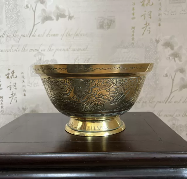 Antique 10.5” Wide Etched Brass Bronze Chinese Dragon Pedestal Bowl Xuande mark