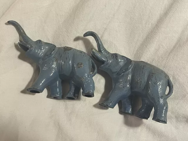PAIR Antique Painted Cast Metal Elephant Sculptures Trunk Up Good Luck