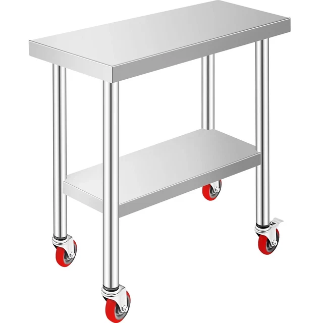 BENTISM Stainless Steel Work Table 30 x 12 x 34 In w/ Wheels Food Prep 2 Layers