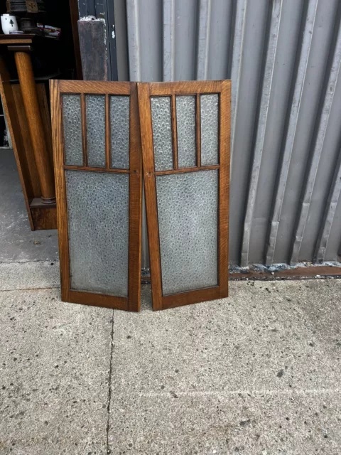 pair vintage quartersawn oak cabinet doors privacy glass panels 41.25/16/.75”