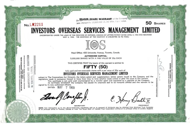 I.O.S. (IOS) Investors Overseas Services Management Limited 1969 (50 Shares)