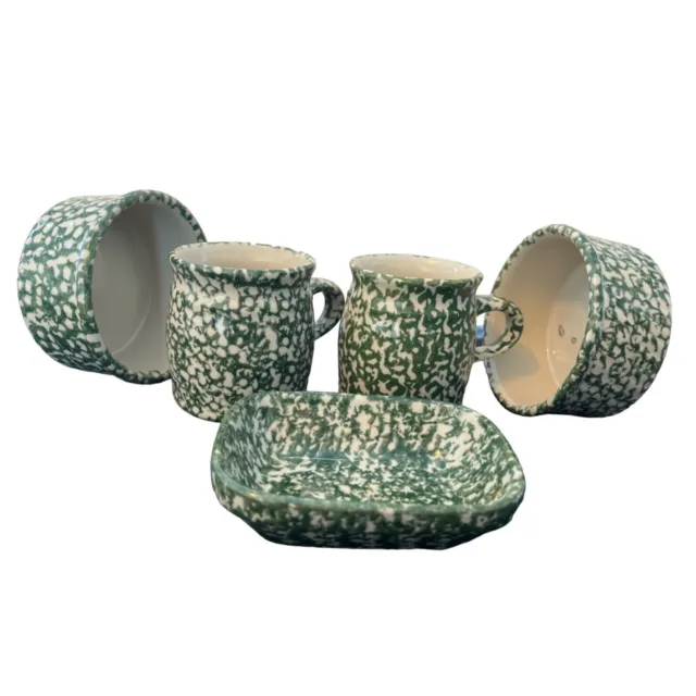 HENN Roseville Pottery Spongeware Green Bowls, Cups Mugs
