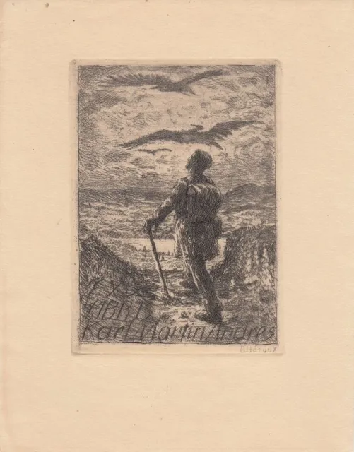 Exlibris Bookplate Radierung Bruno Heroux 1868-1944 Wanderer Kranich 2