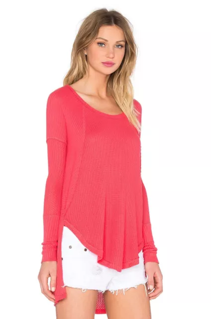 Free People Ventura Size M Drippy Waffle Knit Thermal Shirt Top Tunic Coral Pink 2