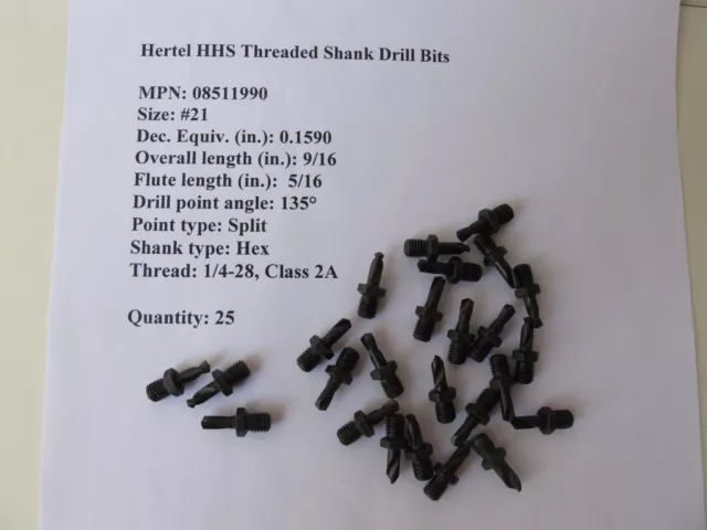 Hertel HHS 135° Threaded Shank Stub Drill Bits, #21 / 0.1590" OAL 9/16" Lot (25)