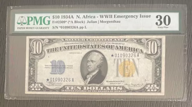 $10 SERIES 1934A SILVER CERT / NORTH AFRICA / STAR NOTE Fr#2309* 30 VF by PMG