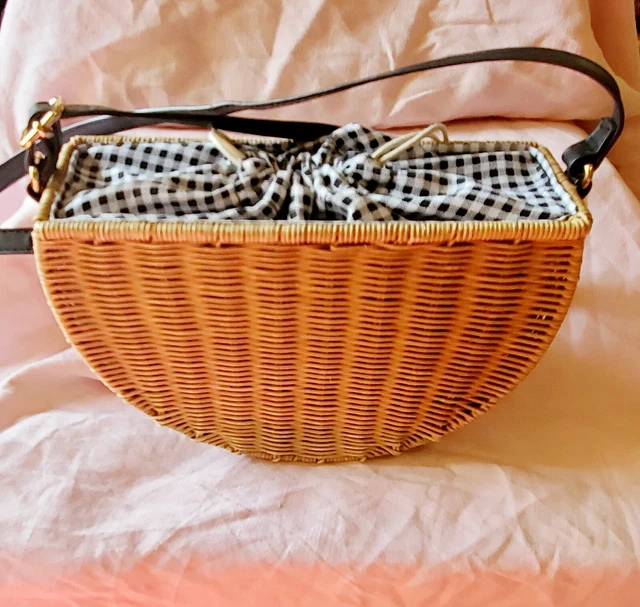 Sac bandoulière STRAW STUDIO sac à main osier rotin, noir blanc doublé de gingham 2