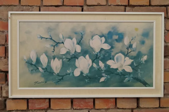 60er ÖLBILD ÖLDRUCK PAINTING BILD Magnolien Mid Century DEKO 50s Vintage Art