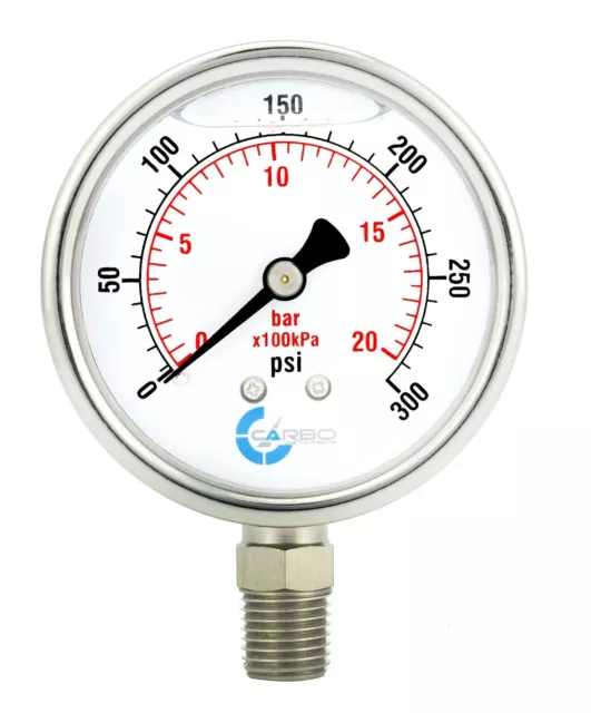 2.5" Liquid Filled Pressure Gauge 0-300 Psi, Stainless Steel Case Lower Mount