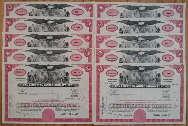 Lot Set x 10 USA 1927 Pan American World Airways 100 Shares ABNC Bond Stock