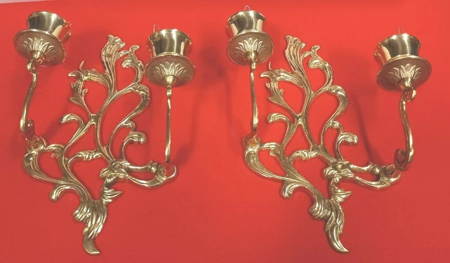 Pair of Ornate Solid Brass Candle Holder Wall Sconces 2 Arm Heavy 13.5" tall