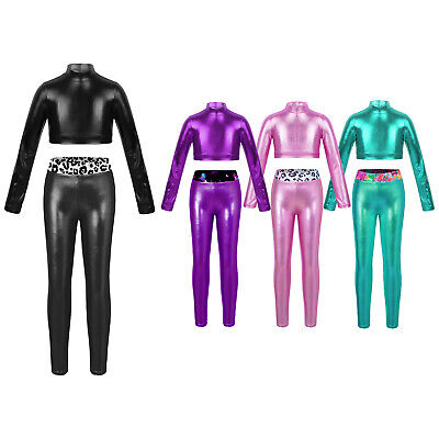 Set di abbigliamento da ballo metallico a maniche lunghe per bambine crop top con leggings prestazioni