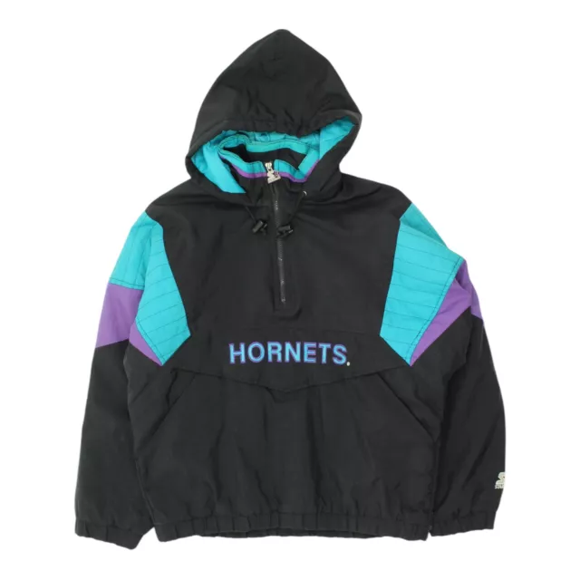 Charlotte Hornets Starter Mens Black Quilted Hooded Jacket | Vintage 90s NBA VTG