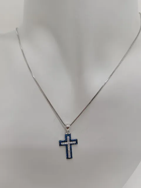 Collana Donna Con Ciondolo Croce Con Zirconi Blu E Bianchi Argento 925 (0417)