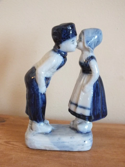 Ancienne Poupée Kewpie En Porcelaine Bleu Et Blanc, Style Delft, 28 Cm - Tête En Tissu