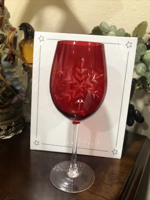 Vintage Elegant Crystal Stemware Ruby Red Ice Cut Snowflake Balloon Wine Glass