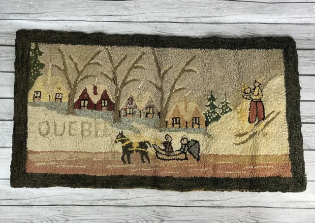 Antique Early 19th Century Canadian Quebec Folk Art Hand Hooked Pictorial Snow