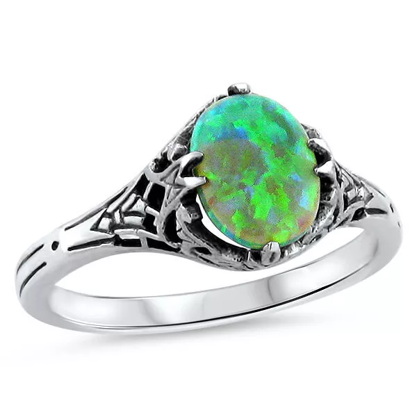 Classic Victorian Style 925 Sterling Silver Lab-Created Green Opal Ring     #425