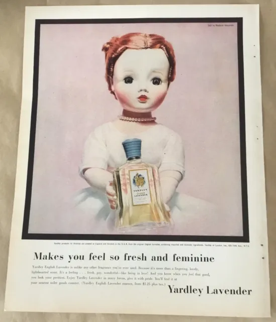 Yardley print ad 1956 vintage 1950s retro decor art illus Madame Alexander doll