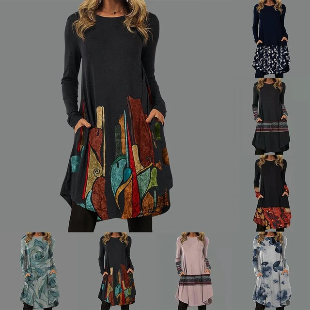 Abito da donna alla moda stampa vintage vestibilità sciolta con tasca stile boh