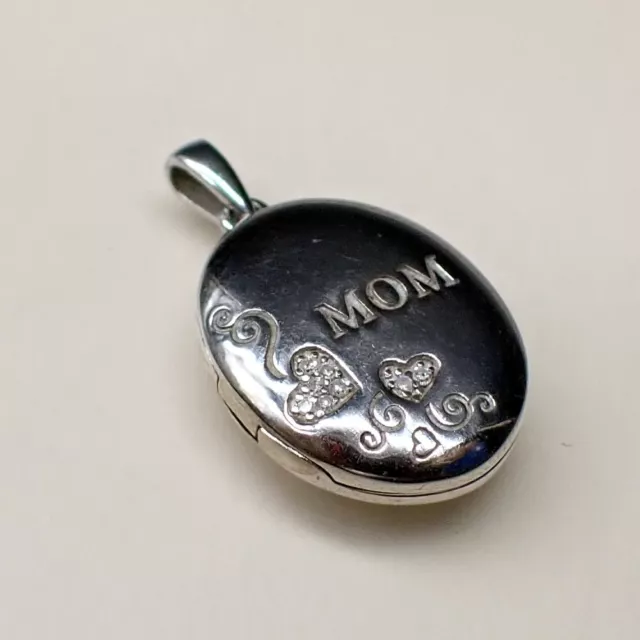 VINTAGE 925 STERLING Silver Oval Mom Heart Pave Diamond Locket Pendant ...