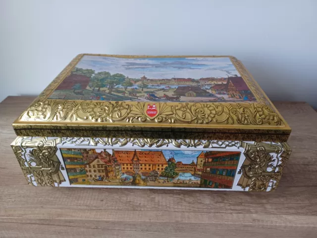 Vintage E.OTTO SCHMIDT Nurnberg Lebkuchen Biscuit Tin 1994 Hinged Top Large RARE