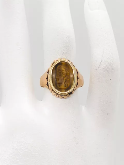 Antique Victorian 1880s LADY CAMEO Tiger EYE Gem 14k Yellow Rose Gold Ring