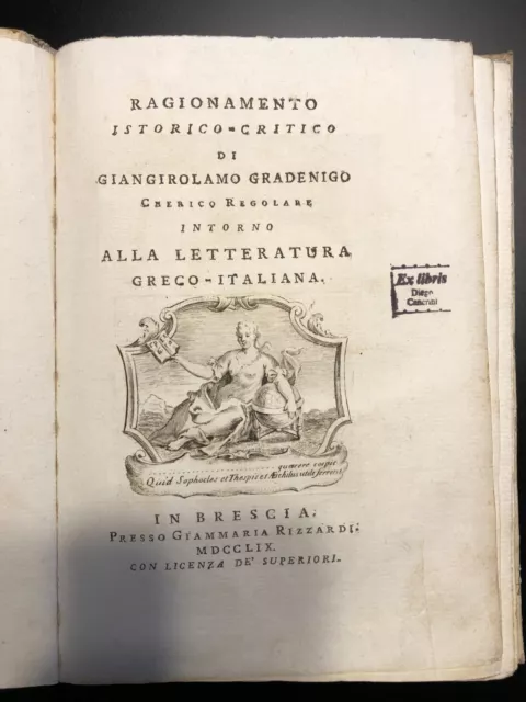 G.G. Gradenigo, Ragionamento letteratura greco-italiana, Brescia, Rizzardi, 1759