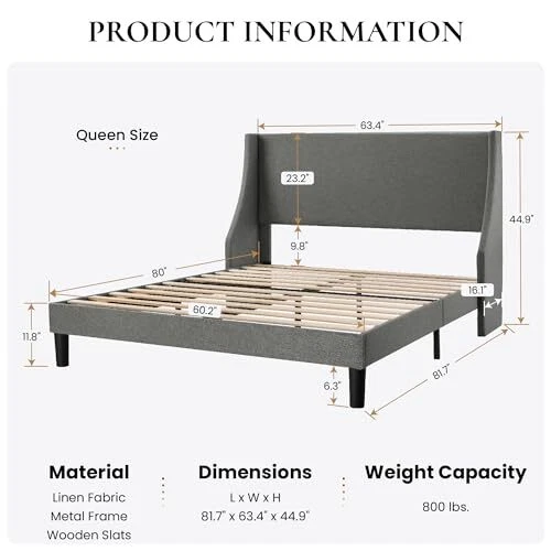UPHOLSTERED BED FRAME Size with Streamlined Wingback Queen Light Grey £
