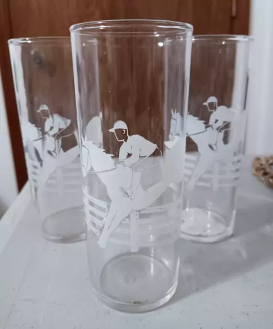 Vtg S/3 Federal Glass Horse Racing Jockey Barware Etched Clear Equestrian Mcm