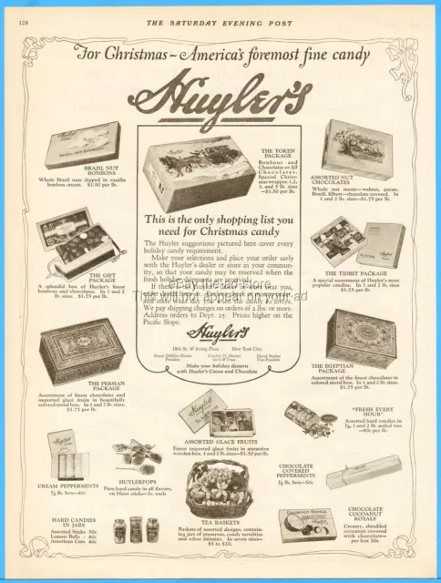 1923 Huyler's Candy Fifth Ave New York City NY Chocolates Box Hard Candies Ad