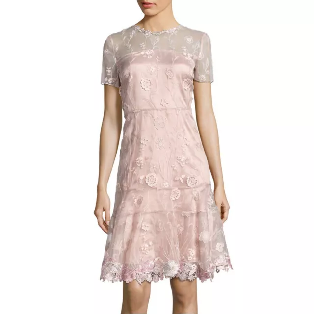 ELIE TAHARI Bamboo Aura Blush Pink Floral Embroidered Applique INEZ Dress 8 NWT