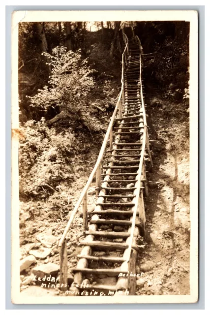Vintage Postcard Michigan, RPPC Ladder at Miners Falls, Munising MI
