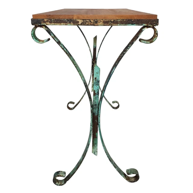 Vintage Wrought Iron Side End Table Plant Stand Wood Top Verdigris Patina