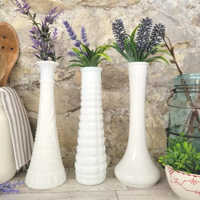 3 Vintage MILK GLASS Flower Vases Mixed Lot Wedding Cottage Farmhouse EO Brody