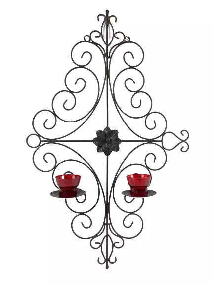 Black Wrought Iron 2 Votive Candle Wall Decor Hanging Red Glass Crate And Barrel