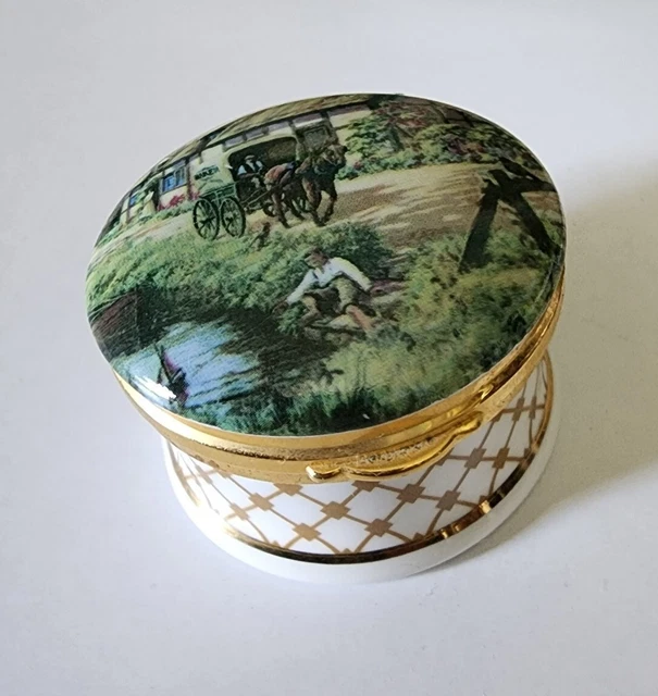 Staffordshire Porcelain Trinket Box Old England Village Scene Falcon China